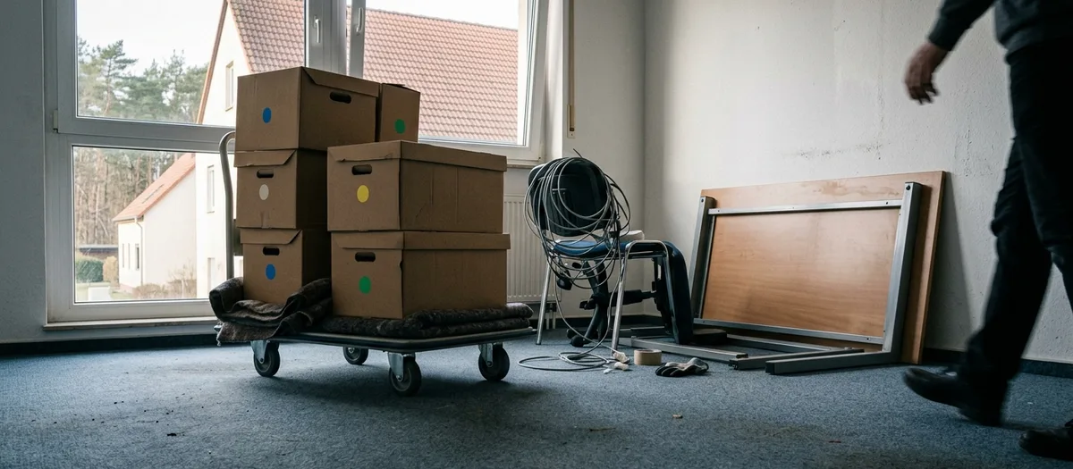 Vom Boden aus aufgenommen: gestapelte Aktenkartons mit farbigen Klebepunkten stehen auf einem Rollwagen in einem leergeräumten Büroraum, daneben ein zerlegter Schreibtisch, ein umgekippter Bürostuhl und gebündelte Kabel, am rechten Bildrand angeschnitten eine vorbeigehende Person