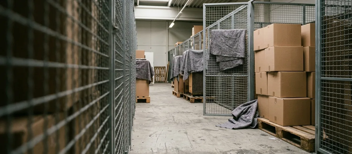 Innenraum einer Lagerhalle mit einzeln abgetrennten Abteilen, gestapelte Umzugskartons auf Holzpaletten, mit grauen Decken abgedeckte Möbel, ruhiges Deckenlicht