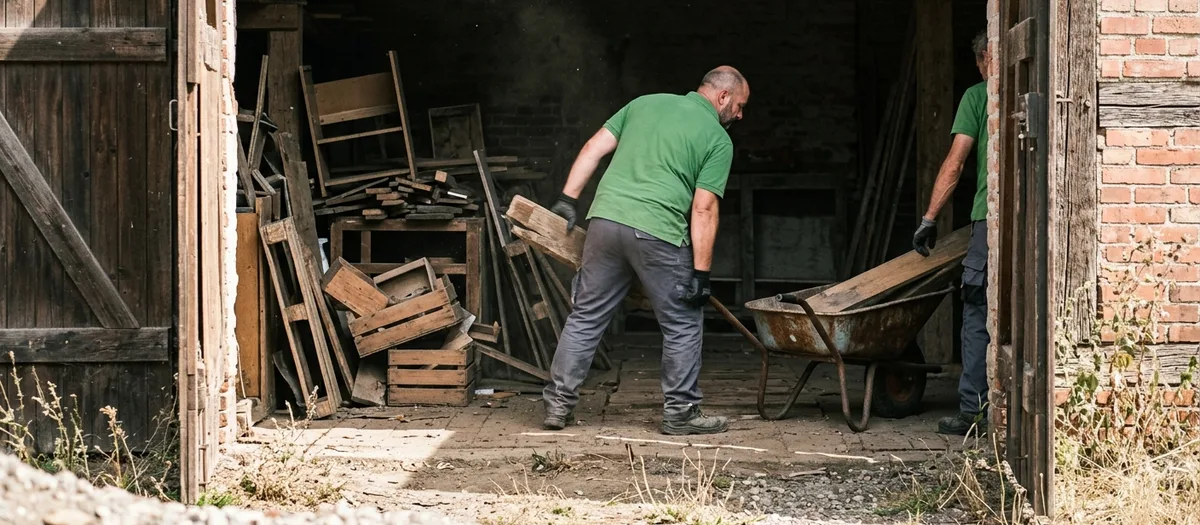Blick durch ein geöffnetes Scheunentor auf eine halb geräumte Tenne mit gestapelten Holzresten und alten Regalen, davor zwei Arbeiter mit Handschuhen und Schubkarre