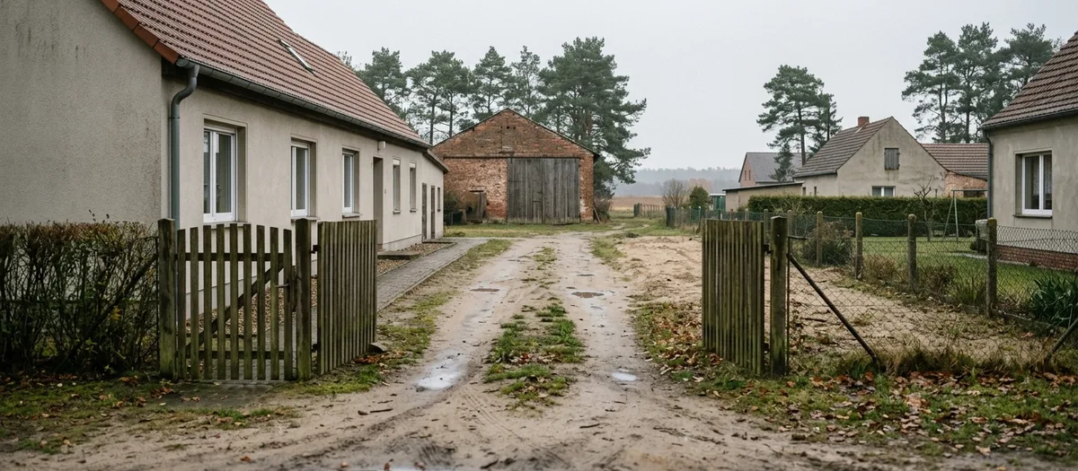 Lange befestigte Hofeinfahrt eines märkischen Straßendorfs an einem grauen Vormittag, offen stehendes Hoftor, Wohnhaus links, Scheune am Ende des Hofes, feuchter Sandweg mit Pfützen