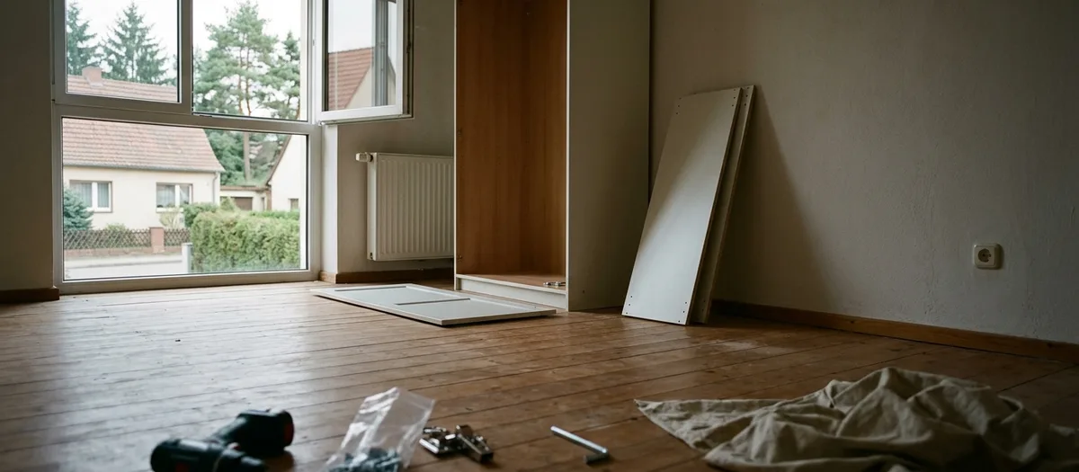 Teilweise zerlegter heller Kleiderschrank in einem leeren Zimmer, Seitenteile an die Wand gelehnt, Akkuschrauber und ein durchsichtiger Beutel mit Schrauben auf dem Boden, weiche Fensterbeleuchtung