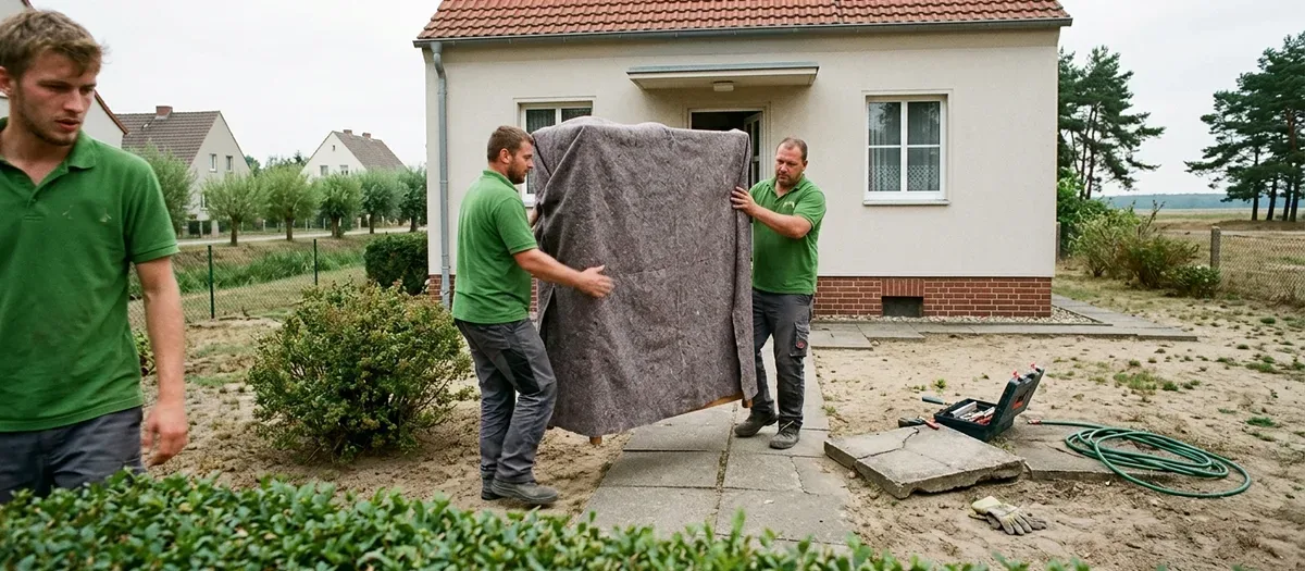 Zwei Umzugskräfte tragen einen mit einer Decke abgedeckten Schrankkorpus über einen Plattenweg im Vorgarten auf ein verputztes Siedlungshaus mit Backsteinsockel und rotem Ziegeldach zu, am linken Bildrand angeschnitten ein dritter Helfer, daneben ein offener Werkzeugkasten und ein Gartenschlauch