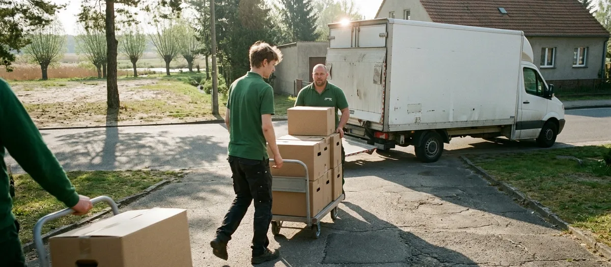 Ein Möbelwagen mit heruntergelassener Ladebordwand wartet früh am Morgen an einer Grundstückszufahrt, zwei Helfer schieben einen Rollwagen mit gestapelten Kartons darauf zu, am linken Bildrand angeschnitten ein dritter mit einer Sackkarre, tiefstehende Sonne, lange Schatten und Weidenreihen am Wiesenrand