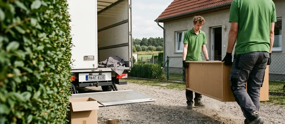 Ein weißer Kastenwagen mit offener Hecktür steht auf einer geschotterten Grundstückseinfahrt neben einer hohen Hecke, zwei Helfer tragen einen zerlegten Schrankkorpus zur offenen Haustür eines Einfamilienhauses und wirbeln dabei Kies auf, der vordere rechts angeschnitten, ein offener Karton und eine Rolle Klebeband liegen auf dem Kies, milder Nachmittagshimmel