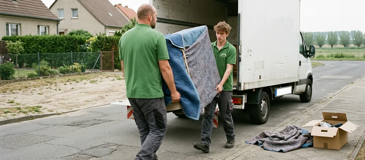 Von hinten auf Hüfthöhe aufgenommen: zwei Umzugshelfer in Arbeitspolos tragen ein in Decken gepolstertes Möbelstück über einen kurzen Gehweg zur offenen Hecktür des weißen Kastenwagens, am Bordstein eine liegen gelassene Decke und ein offener Karton, im Hintergrund eine ruhige Wohnstraße mit Vorgärten an einem hellen Vormittag