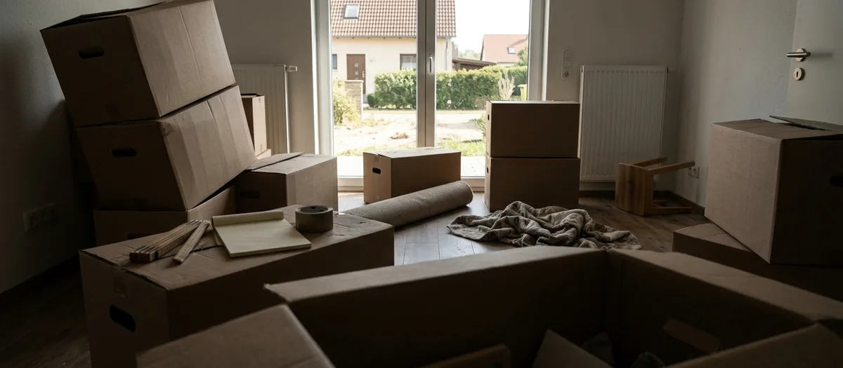 Wohnzimmer kurz vor einem Umzug mit gestapelten Umzugskartons unterschiedlicher Größe, ein Zollstock und ein Notizblock auf einem Karton, Tageslicht durch ein Fenster