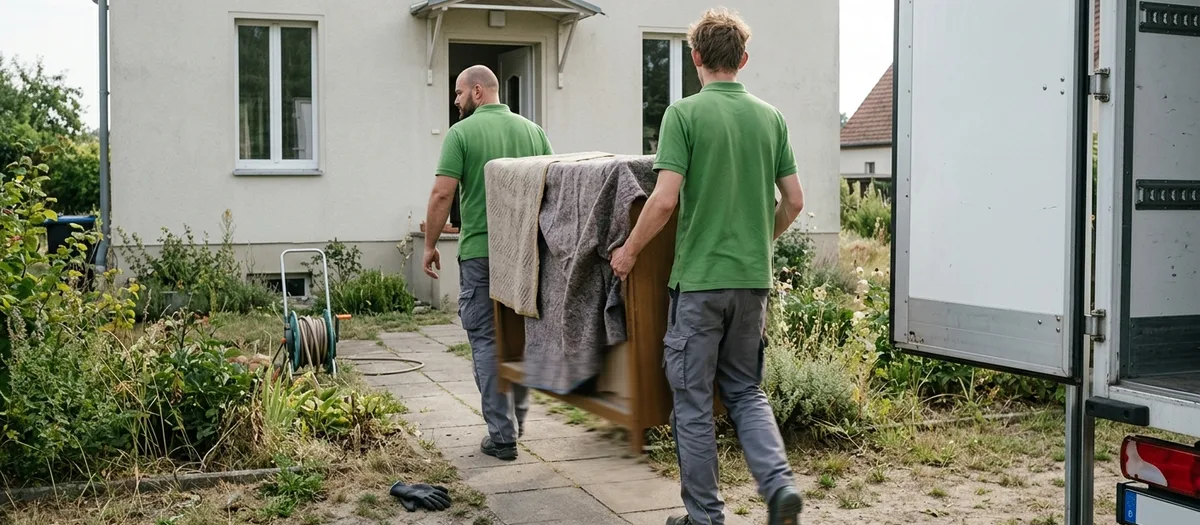 Von hinten und tief aufgenommen: zwei Umzugskräfte tragen einen mit Decken gepolsterten Schrankkorpus über einen schmalen Plattenweg durch einen verwilderten Vorgarten auf ein verputztes Landhaus mit hohen Fenstern zu, rechts angeschnitten die offene Hecktür des Kastenwagens mit leerem Kennzeichenschild, ein Schlauchwagen und ein liegen gelassener Handschuh am Weg, diesiges Vormittagslicht
