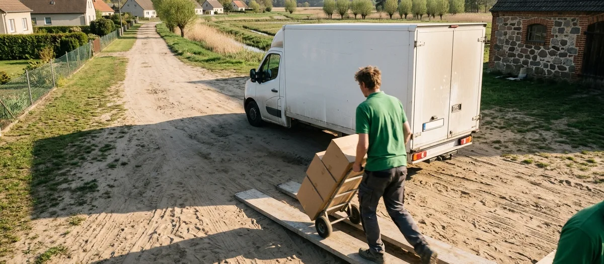 Von oben herab aufgenommen: der Kastenwagen steht auf einer langen unbefestigten Sandzufahrt neben einem Feldsteinnebengebäude, eine Umzugskraft schiebt eine Sackkarre mit Kartons über zwei ausgelegte Bohlen, am unteren Bildrand angeschnitten die Schulter eines zweiten Helfers, tiefstehende Nachmittagssonne mit langen Schatten