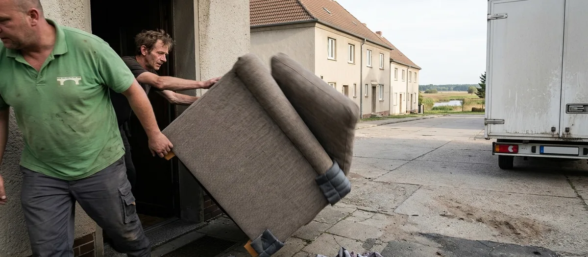 Dicht an der Haustür aufgenommen: zwei Umzugskräfte kippen ein Polstersofa hochkant durch eine schmale Haustür, Kantenschutz an den Sofaecken, links am Bildrand angeschnitten der vordere Träger, dahinter eine Reihe schlichter Doppelhäuser mit Satteldach und der Kastenwagen am Rand des gepflasterten Dorfplatzes, mildes Morgenlicht